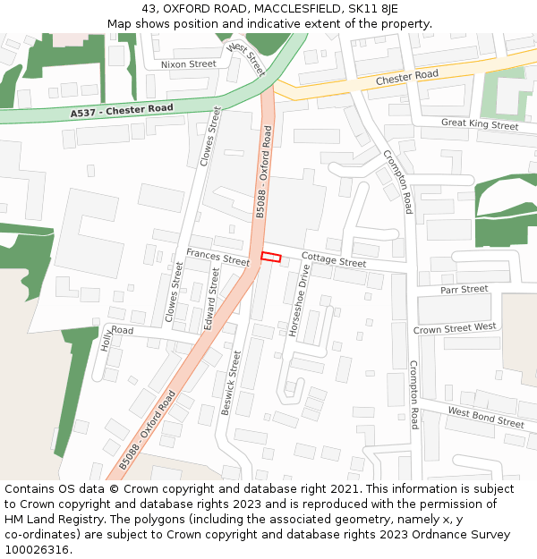 43, OXFORD ROAD, MACCLESFIELD, SK11 8JE: Location map and indicative extent of plot