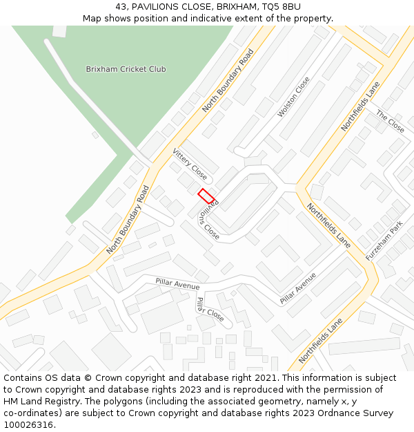 43, PAVILIONS CLOSE, BRIXHAM, TQ5 8BU: Location map and indicative extent of plot