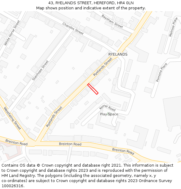 43, RYELANDS STREET, HEREFORD, HR4 0LN: Location map and indicative extent of plot