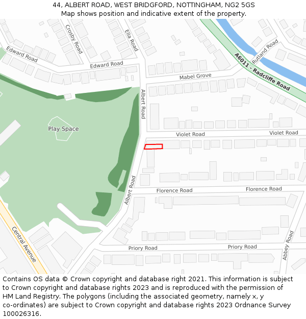 44, ALBERT ROAD, WEST BRIDGFORD, NOTTINGHAM, NG2 5GS: Location map and indicative extent of plot