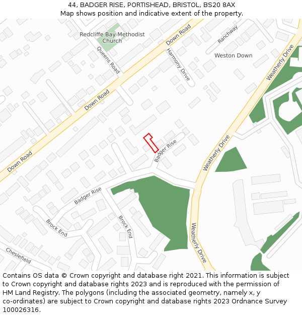 44, BADGER RISE, PORTISHEAD, BRISTOL, BS20 8AX: Location map and indicative extent of plot