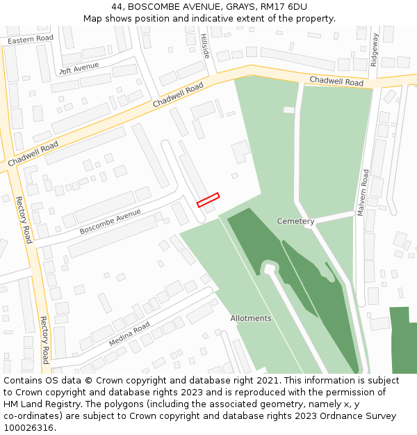 44, BOSCOMBE AVENUE, GRAYS, RM17 6DU: Location map and indicative extent of plot