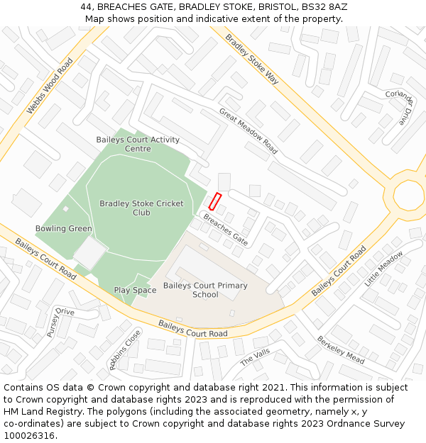 44, BREACHES GATE, BRADLEY STOKE, BRISTOL, BS32 8AZ: Location map and indicative extent of plot