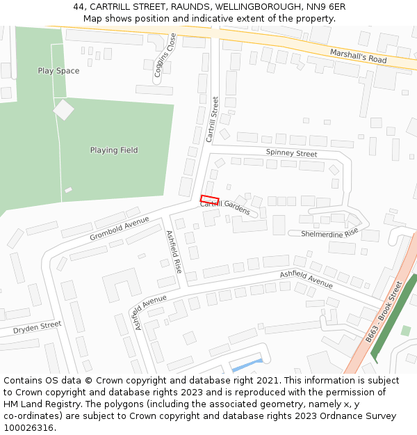 44, CARTRILL STREET, RAUNDS, WELLINGBOROUGH, NN9 6ER: Location map and indicative extent of plot