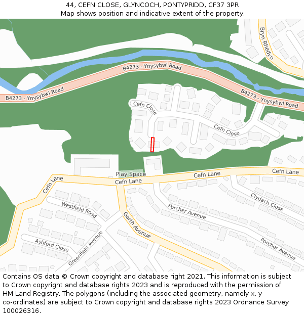 44, CEFN CLOSE, GLYNCOCH, PONTYPRIDD, CF37 3PR: Location map and indicative extent of plot