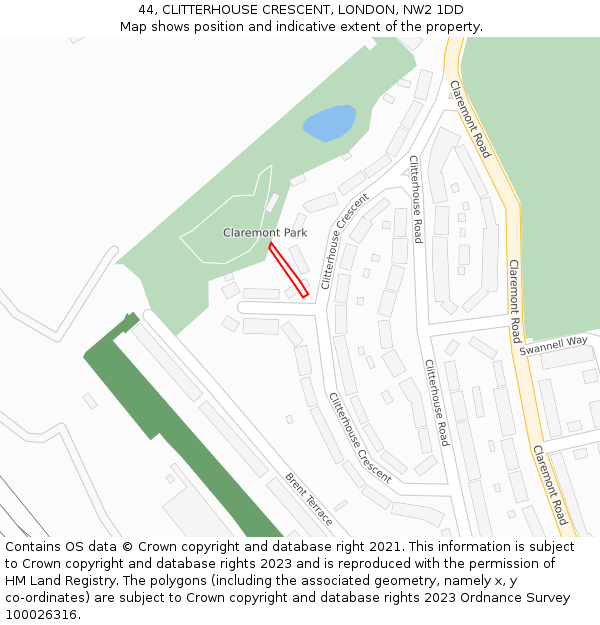 44, CLITTERHOUSE CRESCENT, LONDON, NW2 1DD: Location map and indicative extent of plot