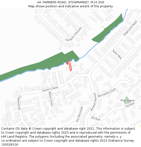 44, FARRIERS ROAD, STOWMARKET, IP14 2NS: Location map and indicative extent of plot