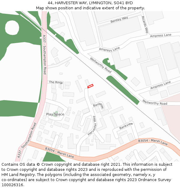 44, HARVESTER WAY, LYMINGTON, SO41 8YD: Location map and indicative extent of plot