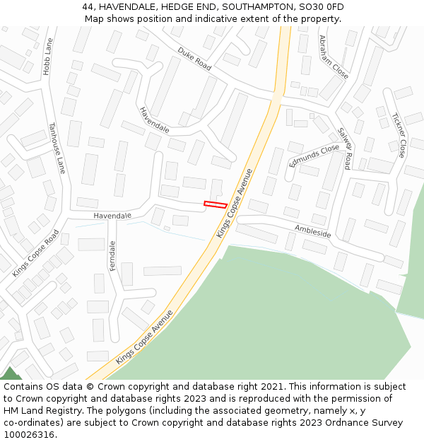 44, HAVENDALE, HEDGE END, SOUTHAMPTON, SO30 0FD: Location map and indicative extent of plot