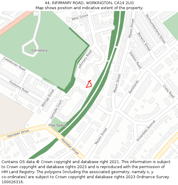 44, INFIRMARY ROAD, WORKINGTON, CA14 2UG: Location map and indicative extent of plot