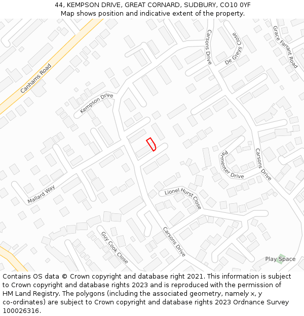 44, KEMPSON DRIVE, GREAT CORNARD, SUDBURY, CO10 0YF: Location map and indicative extent of plot