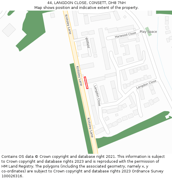 44, LANGDON CLOSE, CONSETT, DH8 7NH: Location map and indicative extent of plot