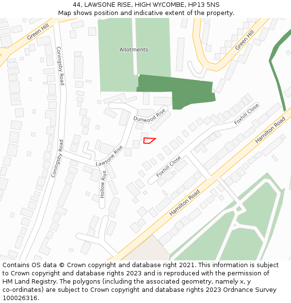 44, LAWSONE RISE, HIGH WYCOMBE, HP13 5NS: Location map and indicative extent of plot