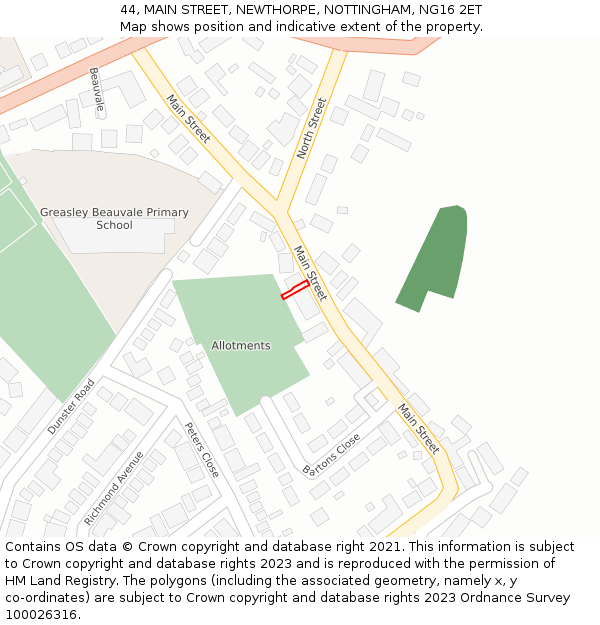 44, MAIN STREET, NEWTHORPE, NOTTINGHAM, NG16 2ET: Location map and indicative extent of plot