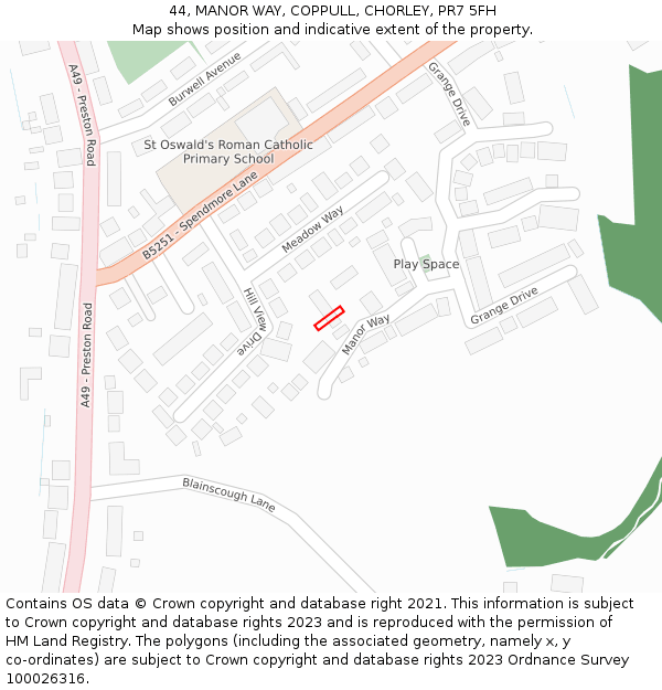 44, MANOR WAY, COPPULL, CHORLEY, PR7 5FH: Location map and indicative extent of plot