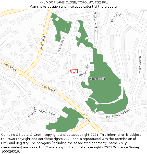 44, MOOR LANE CLOSE, TORQUAY, TQ2 8PL: Location map and indicative extent of plot