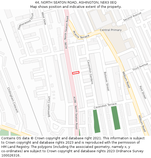 44, NORTH SEATON ROAD, ASHINGTON, NE63 0EQ: Location map and indicative extent of plot