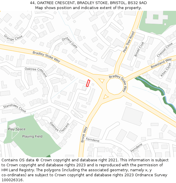 44, OAKTREE CRESCENT, BRADLEY STOKE, BRISTOL, BS32 9AD: Location map and indicative extent of plot