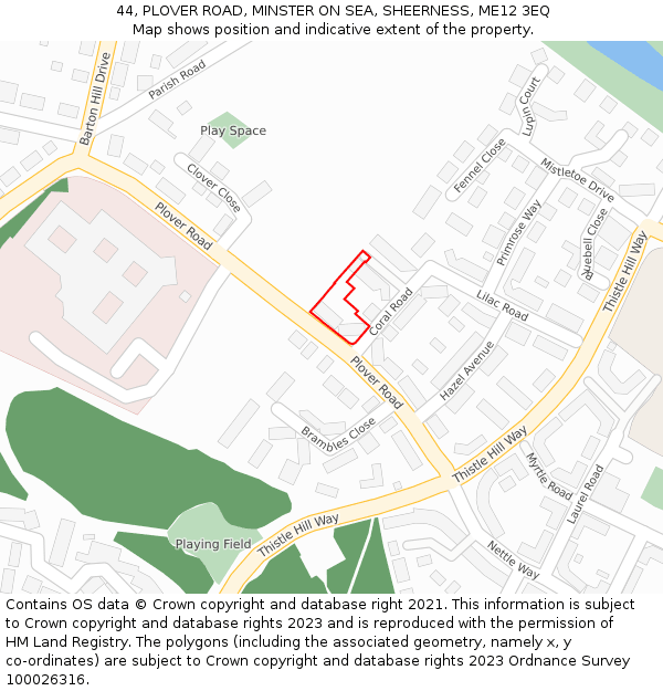 44, PLOVER ROAD, MINSTER ON SEA, SHEERNESS, ME12 3EQ: Location map and indicative extent of plot