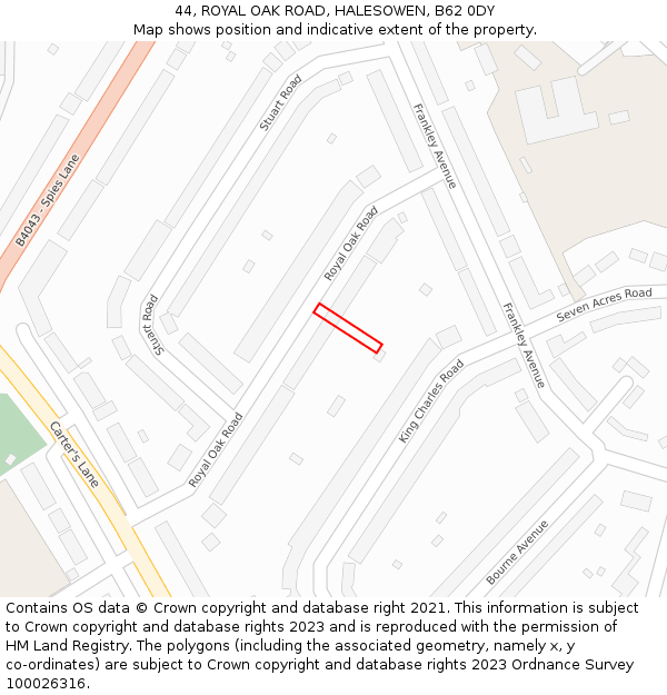 44, ROYAL OAK ROAD, HALESOWEN, B62 0DY: Location map and indicative extent of plot