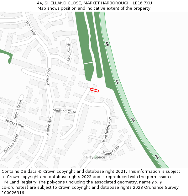 44, SHELLAND CLOSE, MARKET HARBOROUGH, LE16 7XU: Location map and indicative extent of plot