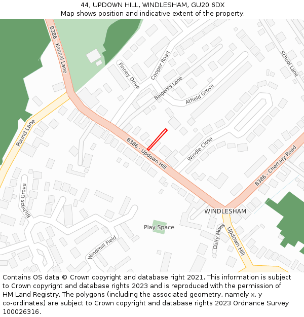44, UPDOWN HILL, WINDLESHAM, GU20 6DX: Location map and indicative extent of plot