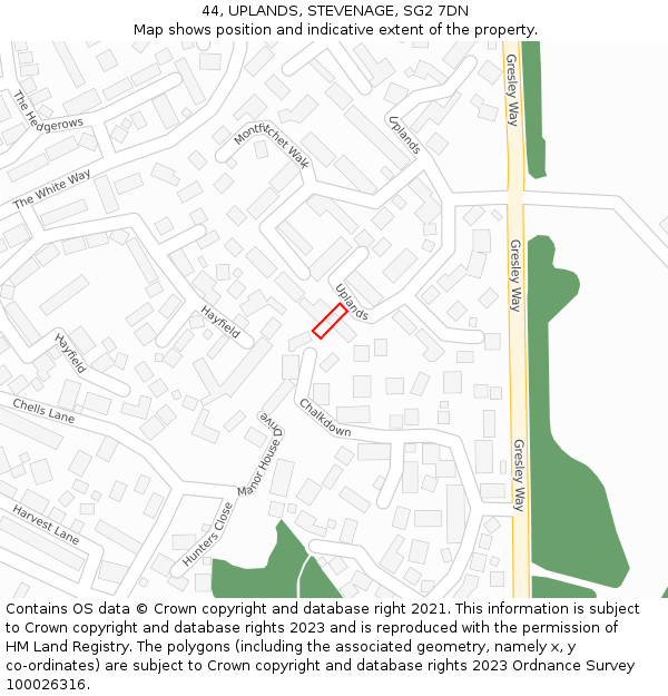 44, UPLANDS, STEVENAGE, SG2 7DN: Location map and indicative extent of plot