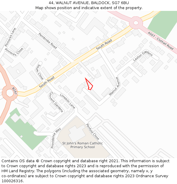 44, WALNUT AVENUE, BALDOCK, SG7 6BU: Location map and indicative extent of plot