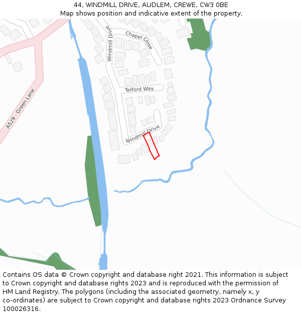 44, WINDMILL DRIVE, AUDLEM, CREWE, CW3 0BE: Location map and indicative extent of plot