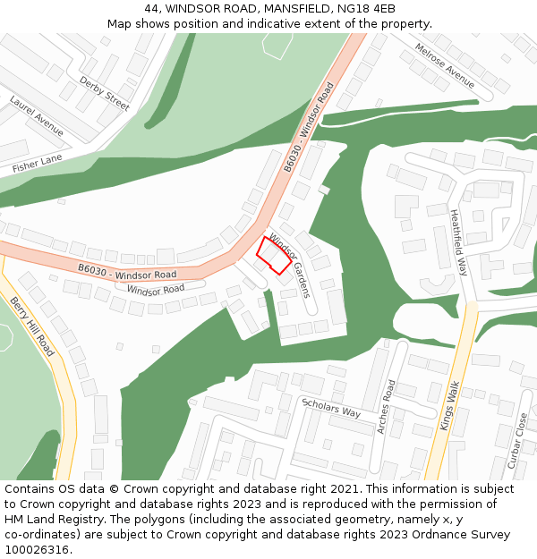 44, WINDSOR ROAD, MANSFIELD, NG18 4EB: Location map and indicative extent of plot
