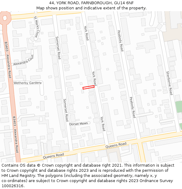 44, YORK ROAD, FARNBOROUGH, GU14 6NF: Location map and indicative extent of plot