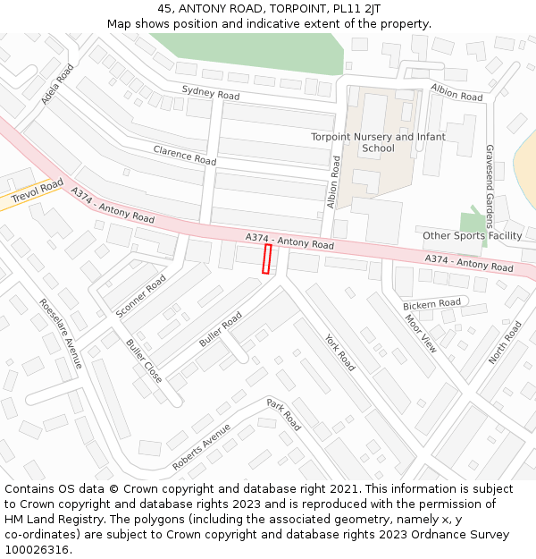 45, ANTONY ROAD, TORPOINT, PL11 2JT: Location map and indicative extent of plot