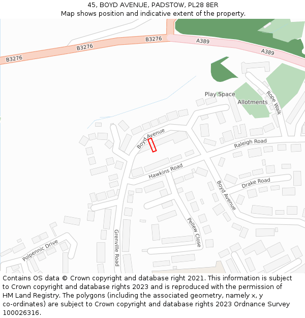 45, BOYD AVENUE, PADSTOW, PL28 8ER: Location map and indicative extent of plot