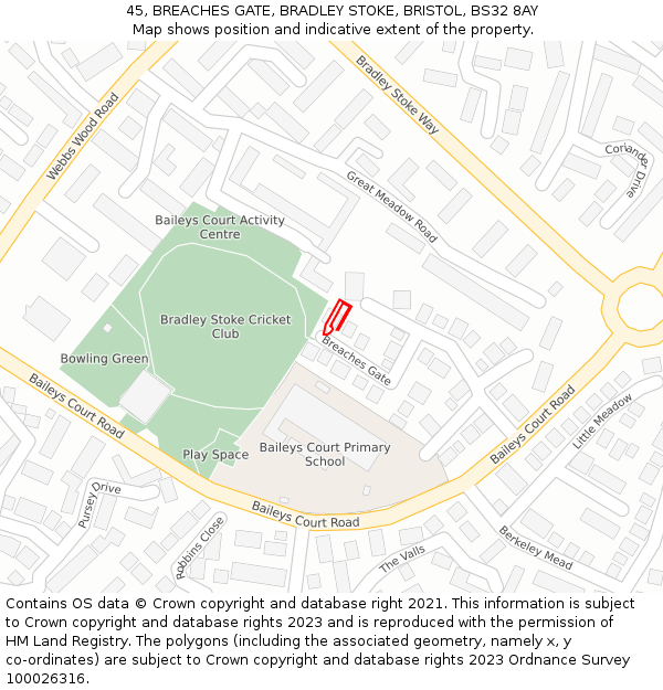 45, BREACHES GATE, BRADLEY STOKE, BRISTOL, BS32 8AY: Location map and indicative extent of plot