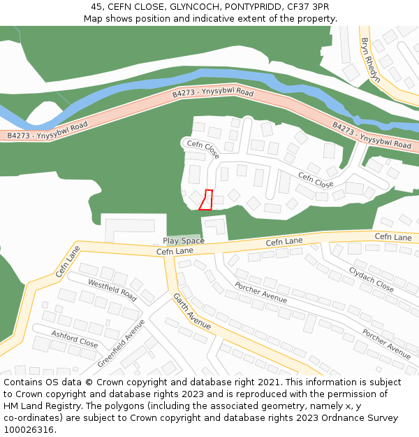 45, CEFN CLOSE, GLYNCOCH, PONTYPRIDD, CF37 3PR: Location map and indicative extent of plot