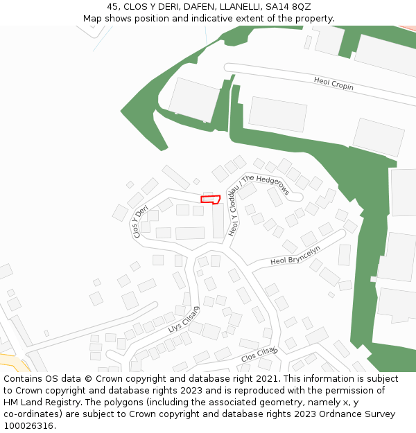 45, CLOS Y DERI, DAFEN, LLANELLI, SA14 8QZ: Location map and indicative extent of plot