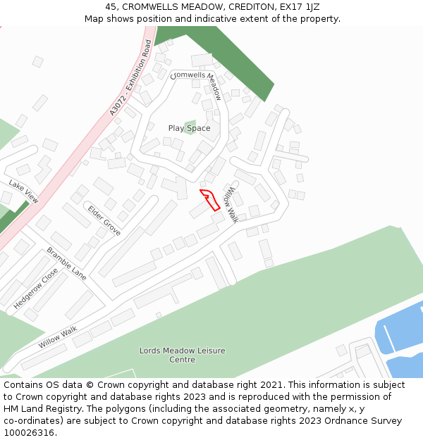 45, CROMWELLS MEADOW, CREDITON, EX17 1JZ: Location map and indicative extent of plot