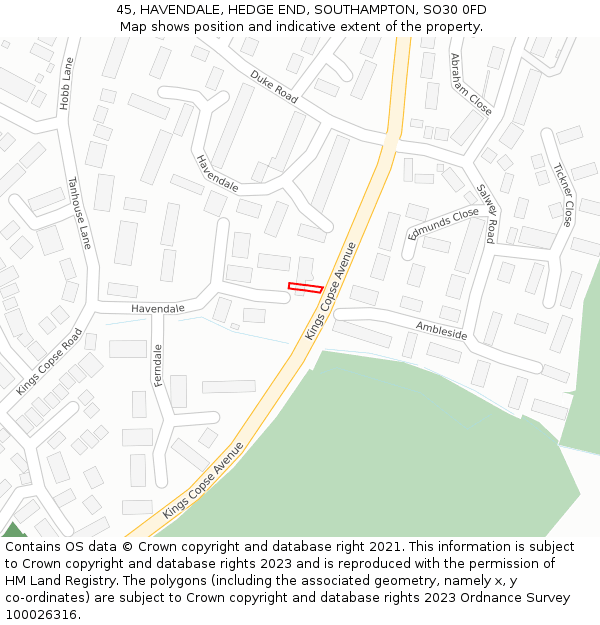 45, HAVENDALE, HEDGE END, SOUTHAMPTON, SO30 0FD: Location map and indicative extent of plot
