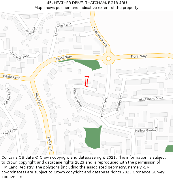 45, HEATHER DRIVE, THATCHAM, RG18 4BU: Location map and indicative extent of plot