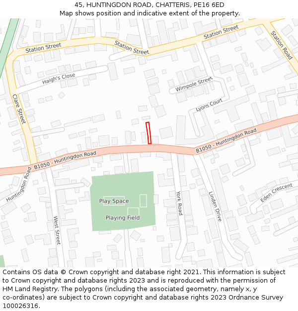 45, HUNTINGDON ROAD, CHATTERIS, PE16 6ED: Location map and indicative extent of plot