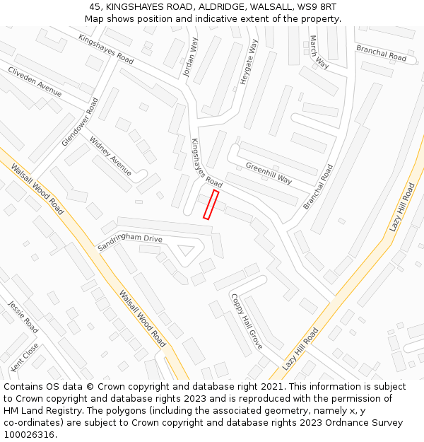 45, KINGSHAYES ROAD, ALDRIDGE, WALSALL, WS9 8RT: Location map and indicative extent of plot