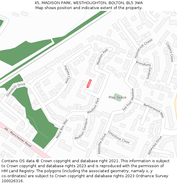 45, MADISON PARK, WESTHOUGHTON, BOLTON, BL5 3WA: Location map and indicative extent of plot