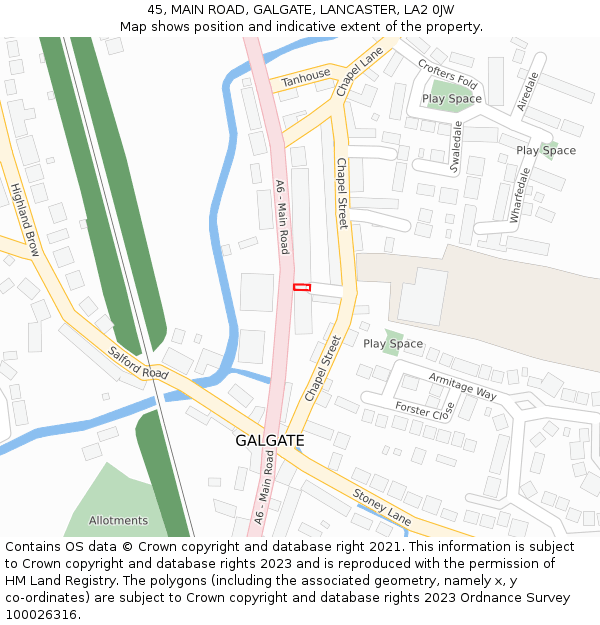 45, MAIN ROAD, GALGATE, LANCASTER, LA2 0JW: Location map and indicative extent of plot