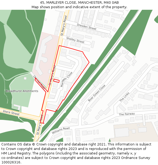 45, MARLEYER CLOSE, MANCHESTER, M40 0AB: Location map and indicative extent of plot