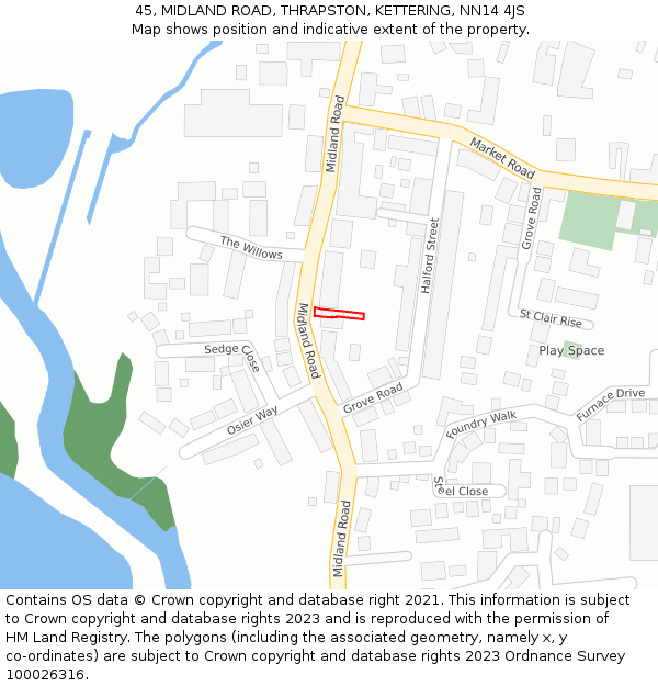 45, MIDLAND ROAD, THRAPSTON, KETTERING, NN14 4JS: Location map and indicative extent of plot
