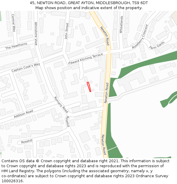 45, NEWTON ROAD, GREAT AYTON, MIDDLESBROUGH, TS9 6DT: Location map and indicative extent of plot