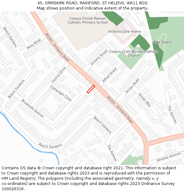 45, ORMSKIRK ROAD, RAINFORD, ST HELENS, WA11 8DQ: Location map and indicative extent of plot