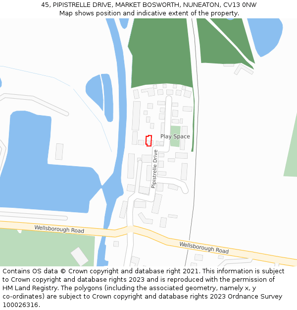 45, PIPISTRELLE DRIVE, MARKET BOSWORTH, NUNEATON, CV13 0NW: Location map and indicative extent of plot