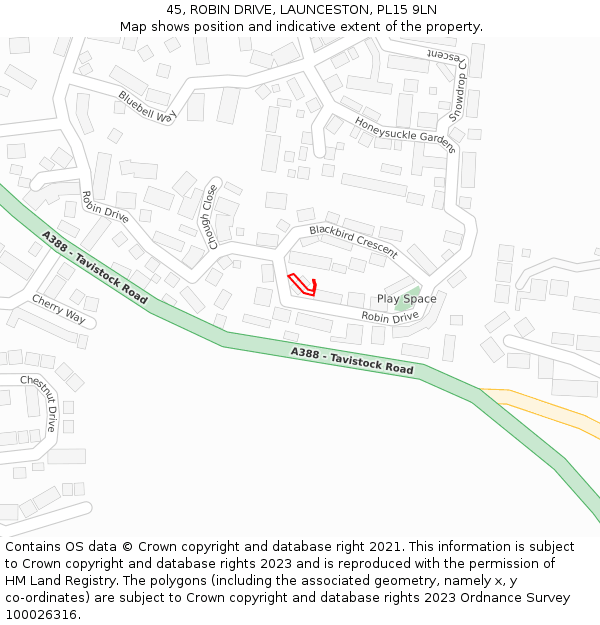 45, ROBIN DRIVE, LAUNCESTON, PL15 9LN: Location map and indicative extent of plot