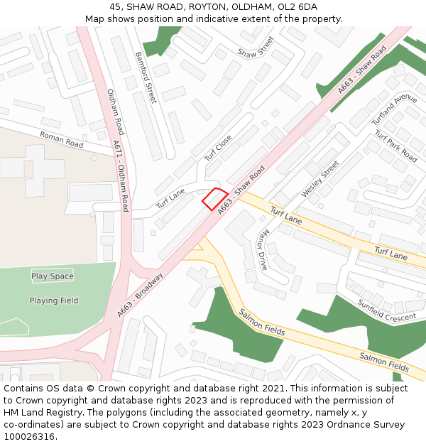 45, SHAW ROAD, ROYTON, OLDHAM, OL2 6DA: Location map and indicative extent of plot